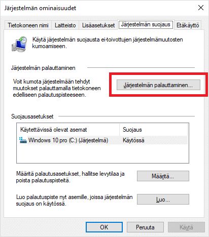 Windows 10 järjestelmän palauttaminen palautuspistestä