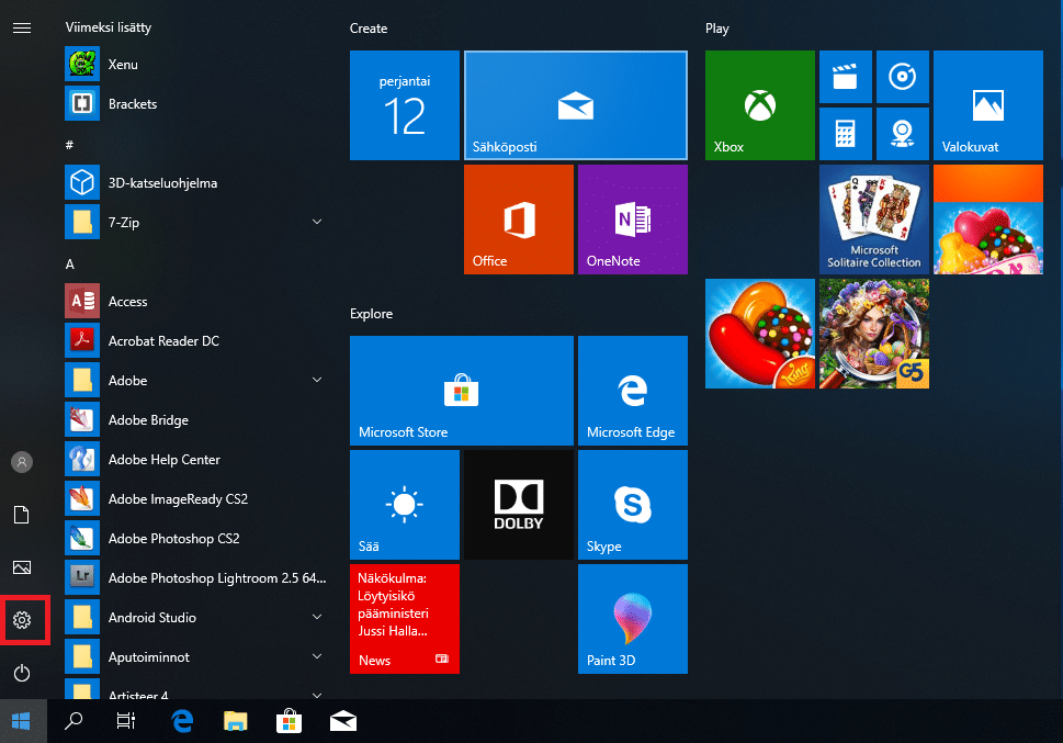 Windows 10 käynnistä valikko ja asetukset
