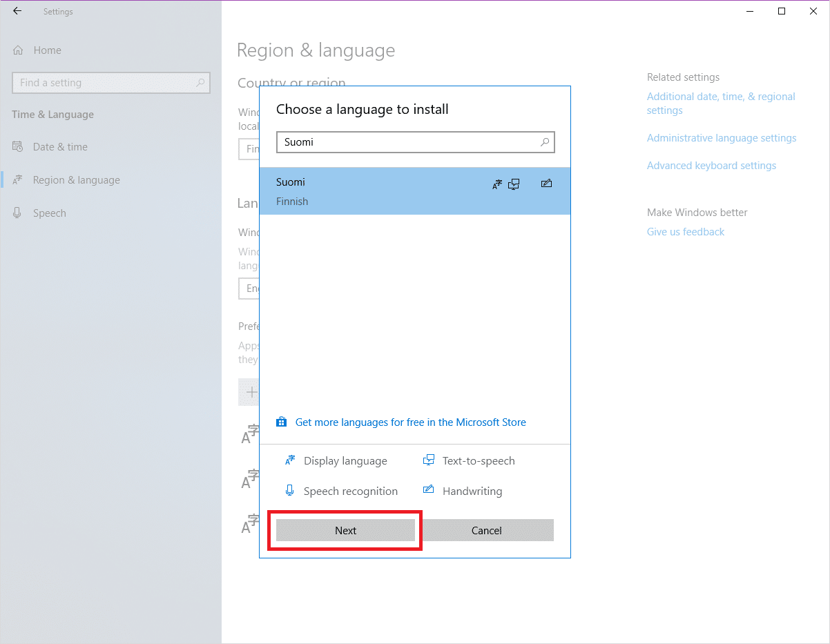 Valitse Windows 10 kielipaketti Suomi ja asenna se