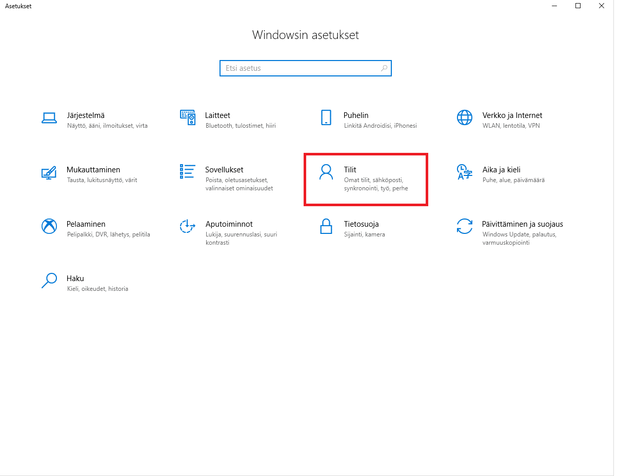 Windows 10 pin-koodi ja käyttäjätilit asetus