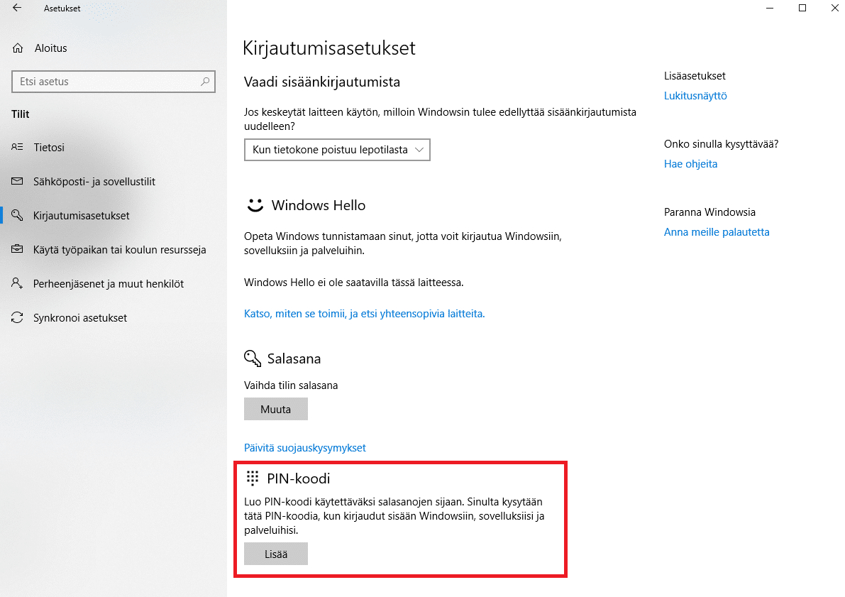 Windows 10 kirjautumisasetuksien määritys