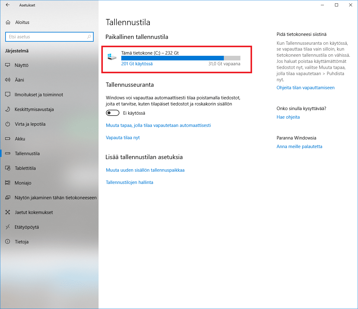 Windows 10 levytilan tarkastaminen