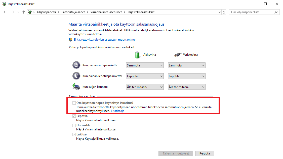 Windows 10 pikakäynnistys pois käytöstä