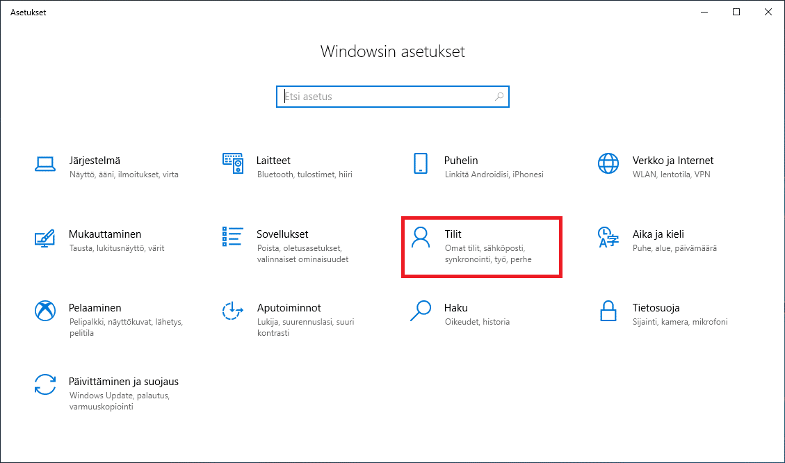 Windows 10 tilit