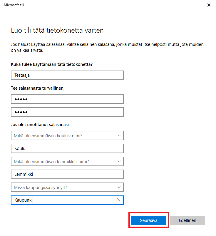 Windows 10 käyttäjän turvakysymykset
