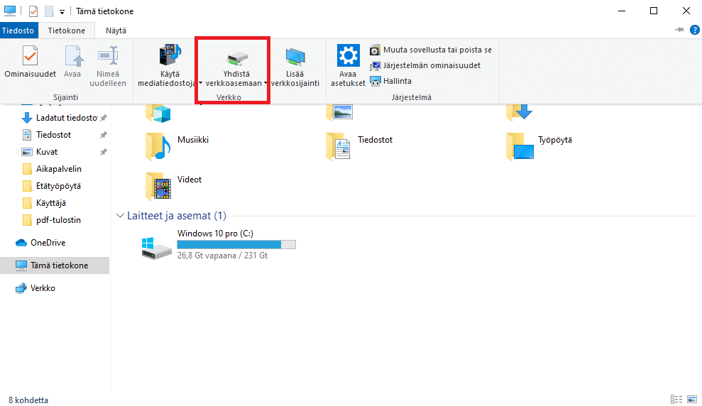 Windows 10 tietokoneen yhdistäminen verkkoasemaan