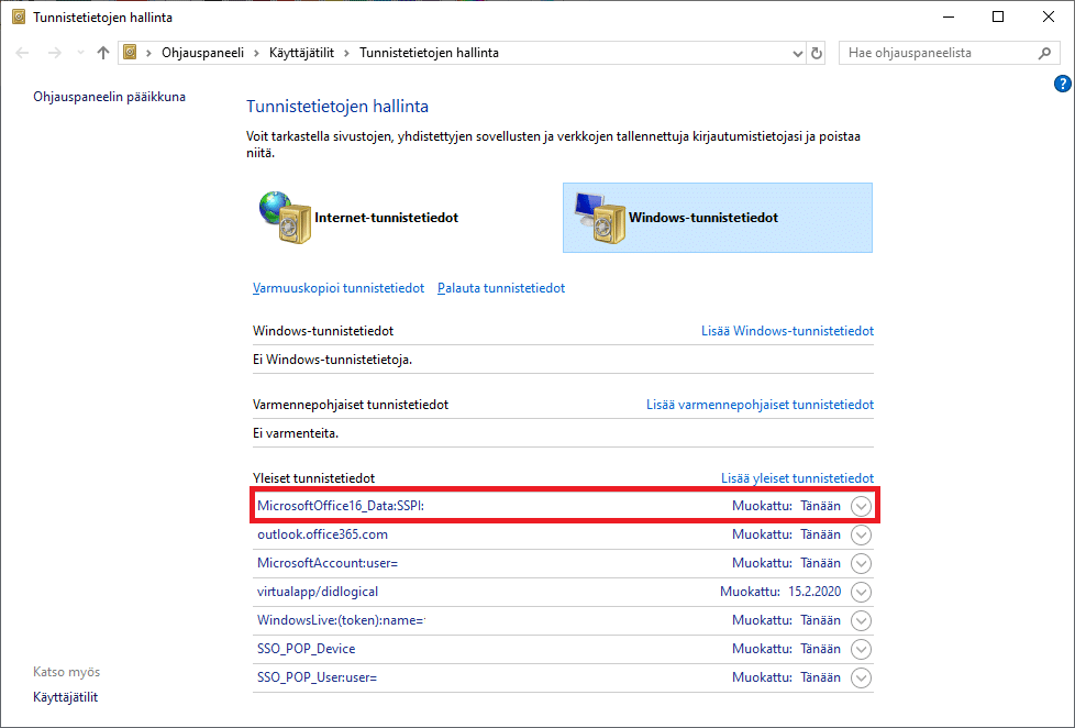 Microsoft Outlook ja tallennetun salasanan poistaminen.