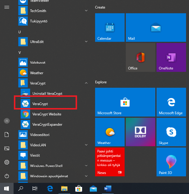 Windows 10 aloitusvalikko ja Veracrypt ohjelman käunnisty.