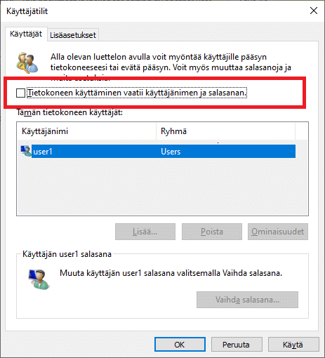 Windows 10 salasana pois käytöstä