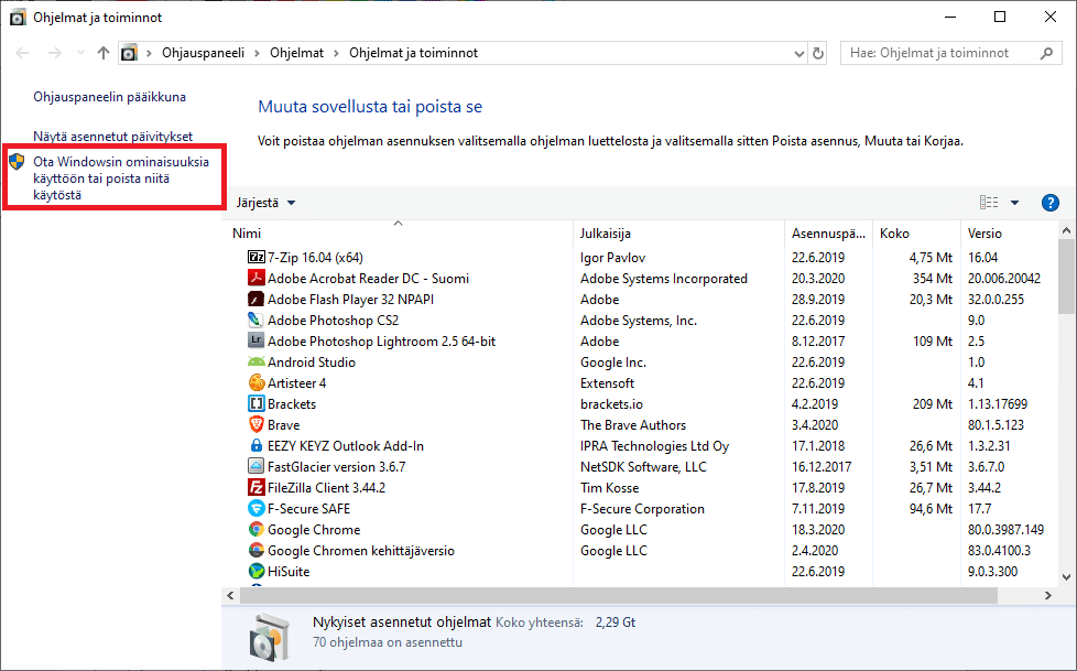 Windows 10 ominaisuusdet ja Hyper-v