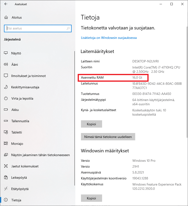 Windows 10 RAM-muistin määrän tarkistaminen.